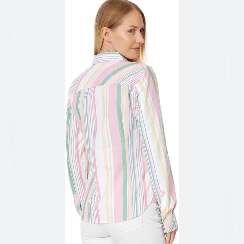ALFRED DUNNER button down shirt PINK & GREEN STRIPES perfect for office size 10P